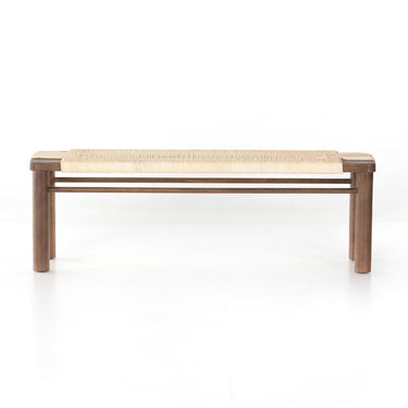 A low-profile frame bench with a russet mahogany wood frame and a handwoven vintage cotton rope seat.